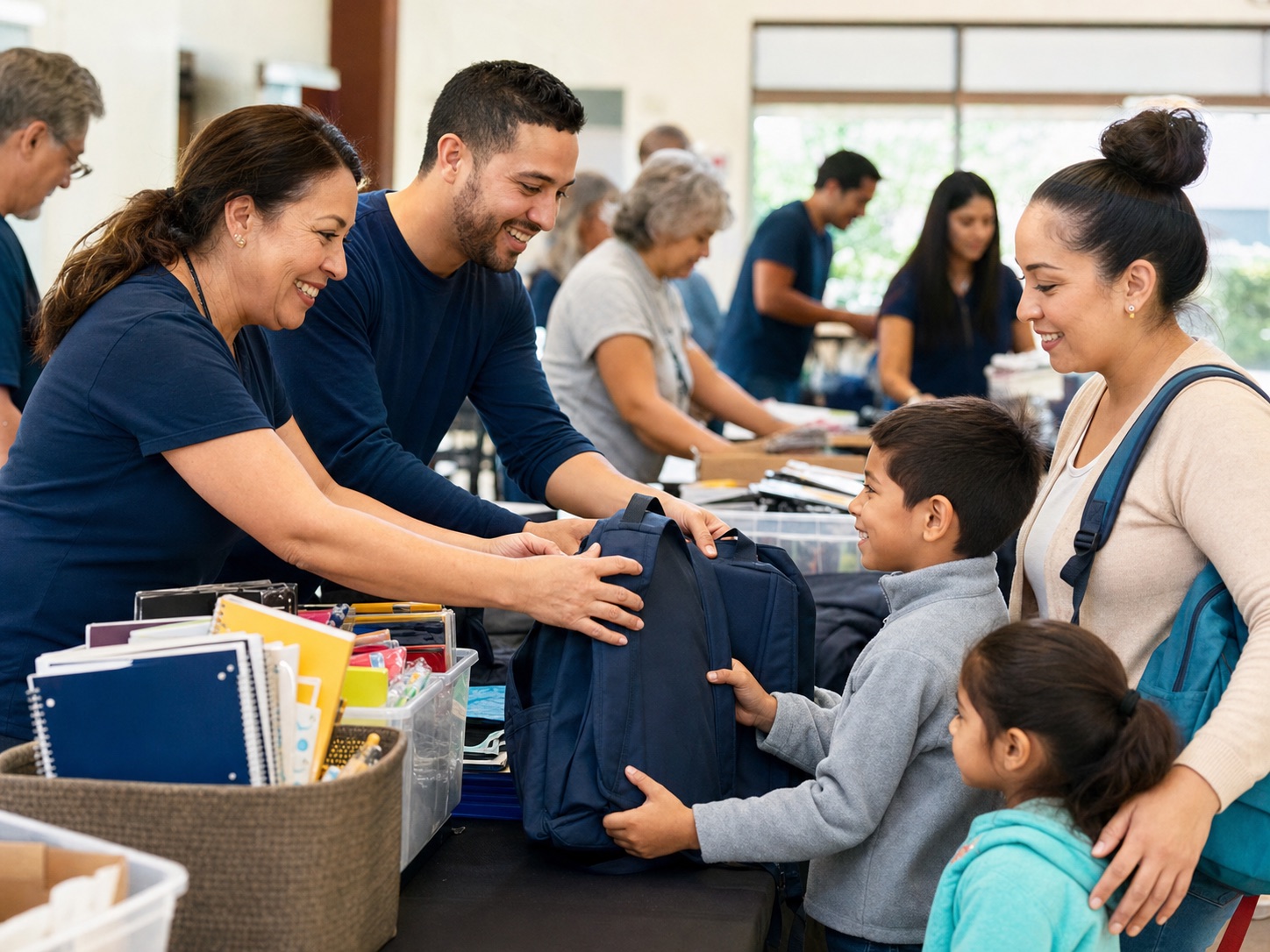 YES volunteers providing school supplies to a student and family
