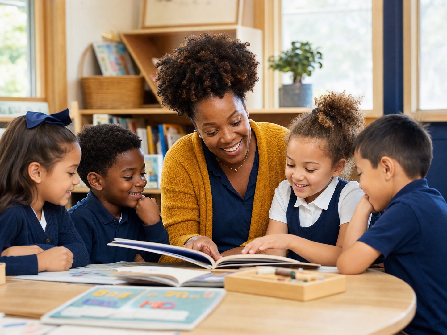 Lower School students reading with their teacher